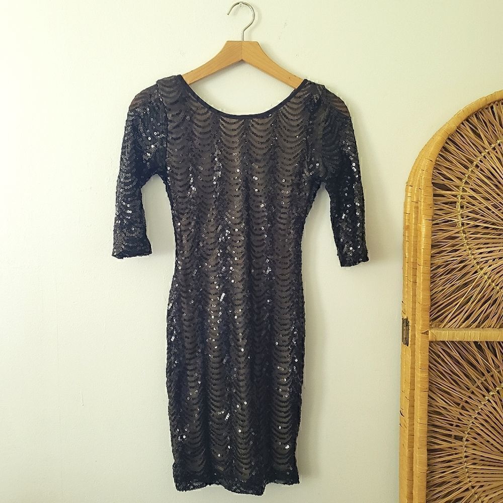 FINAL SALE Papaya Black Sequin Mini Dress Nude Lining S Art Deco